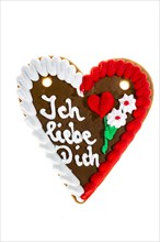 Gingerbread heart with writing 'Ich liebe Dich'