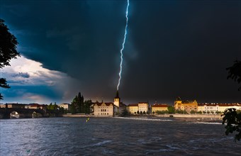Vltava River during a thunderstorm and rain