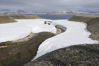 Remnants of snow surrounding a stream of meltwater