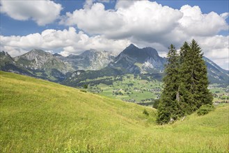 View from Klangweg or Sound Trail on Toggenburg Mountain towards the Alpstein Mountains with Saentis Mountain