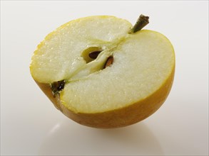One half of a cut Russet apple