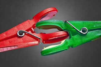 A red clothes-peg and a green clothes-peg are fighting with each other