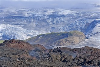 View across new lava fields created by a volcanic eruption in 2010 to the Myrdalsjokull glacier