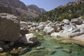 Clear water in the Wadi Shab mountain ravine