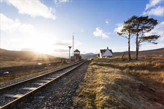 Railway tracks and a railway station in the Scottish Highlands