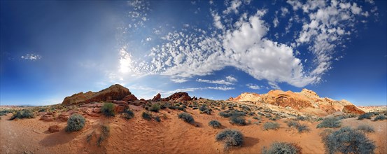 360 panorama of the red sandstone formations at Rainbow Vista sky with cloudy sky