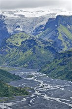 View from Mt Valahnukur to the Thorsmork with the glacial river Krossa