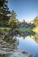 Mountains reflected at sunrise in Lake Seealpsee