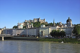 View from Makartsteg towards Hohensalzburg Fortress and the historic town centre with the towers of Salzburg Cathedral