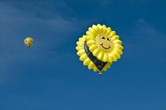 Hot air balloon in the shape of a 'laughing' sun or sunflower against a blue sky