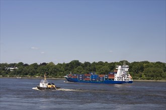 Container ship on the Elbe river
