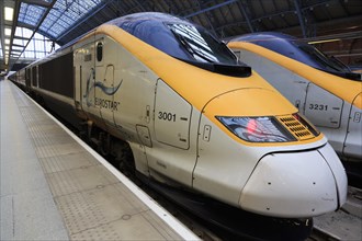 Eurostar trains at the platform of St Pancras International Station