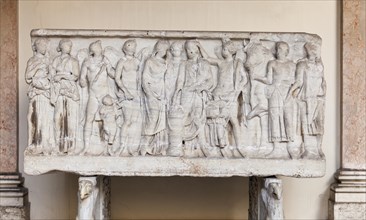 Sarcophagus depicting a married couple offering a sacrifice to Concord in the presence of Juno Pronuba