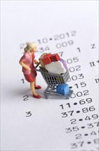 Miniature figurine of a woman with a shopping chart on a receipt