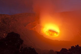 Boiling lava lake in the crater of Mount Nyiragongo volcano