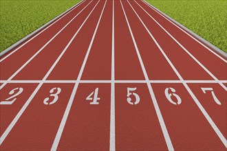 Starting line of a running track with eight lanes