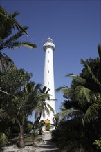 Lighthouse of Ilot Amedee or Le Phare Amedee between palm trees against a blue sky