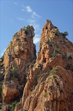 The typical bizarre red rocks of the Calanche of Piana below a blue sky and some clouds. The Calanche of Piana is in the western part of the island Corsica