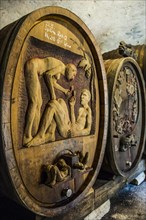 Ornately carved wine barrels