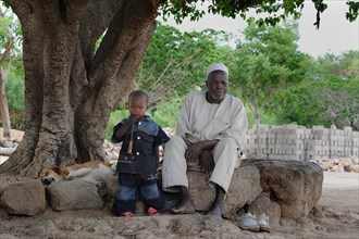 An elderly man and a child under a tree