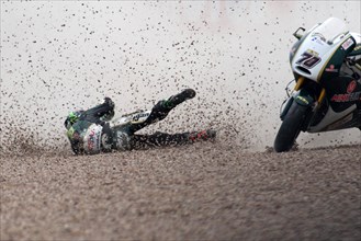 Crash during a motorcycle race into the gravel at Sachsenring racing circuit