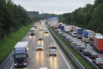 Traffic jam after a massive traffic accident on the A8 motorway where a truck crushed a car