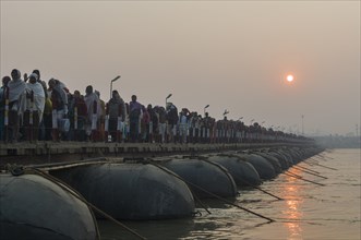 Crowds of people arriving at Kumbha Mela grounds
