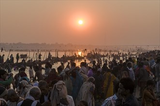 Crowds of people gathering on the Sangam