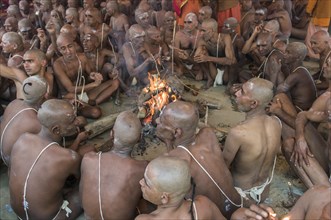 Sitting around a bonfire and chanting mantras as part of the initiation of new sadhus