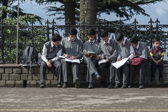 Students sitting on a wall studying