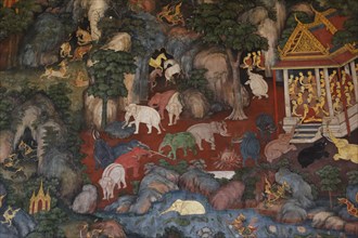 Himaphan wall painting in the Ubosot or ordinary hall of Wat Suthat Temple