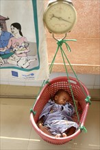 Child being weighed in a basket hanging on a scale