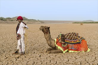 Rabari man with his dromedary on dry ground