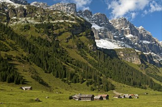 Mountain farms in the Urnerboden high valley at the foot of the Glarus Alps