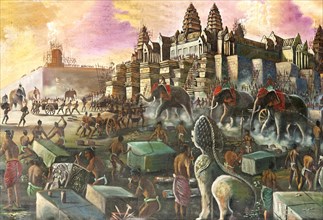 Painting depicting a historical account of the construction of Angkor Wat Temple in the 13th century