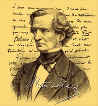 Historical manuscript with the portrait of Louis Hector Berlioz