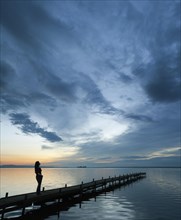 Woman standing on a wooden pier on the lake admiring the beautiful night sky