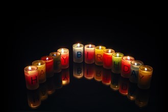 Birthday candles with letters forming the words 'Happy Birthday'