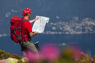 Man studying the trail map while hiking on Monte Covreto