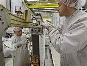 Cleanroom production of the Sentinel 1 satellite by the space company Astrium