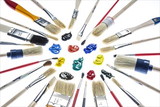 Different types of brushes and blobs of paint