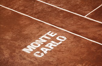 Monte Carlo lettering in the red sand of the Monte Carlo Country Club Centre Court