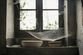 Cobwebs in a window of an old farmhouse
