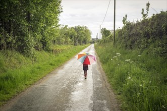 Girl walking in the rain carrying an umbrella