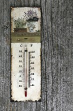 An old thermometer hanging on a weathered wooden wall