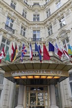 Hotel entrance with international flags
