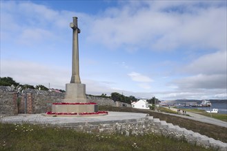 Wreaths at the monument to fallen British soldiers during the Falklands War