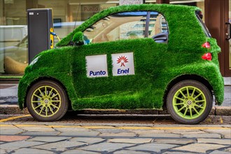 An electric Smart car with grass cover