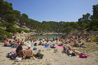 Bathers on the beach in the Calanque de Port-Pin cove