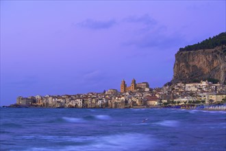 Historic town centre with the Cathedral of San Salvatore and Rocca di Cefalu at dusk